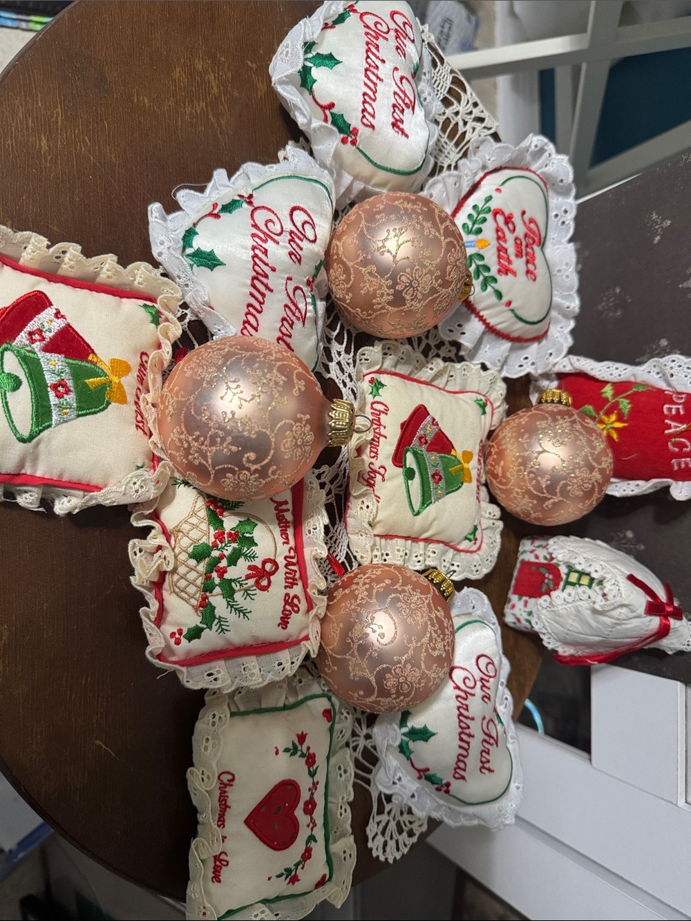 10 Holiday Vintage Handmade Ornaments - 4 Blush Pink Glass Ornaments
